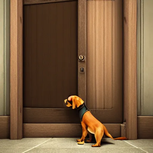 Image similar to dog staying on bottom legs near door with gate value, concept art, trending on artstation, highly detailed, intricate, sharp focus, digital art, 8 k