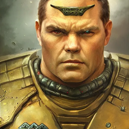 Image similar to the doomguy as a realistic d & d fantasy character, closeup portrait art by donato giancola and greg rutkowski, vintage retro, realistic face, digital art, trending on artstation, symmetry!!