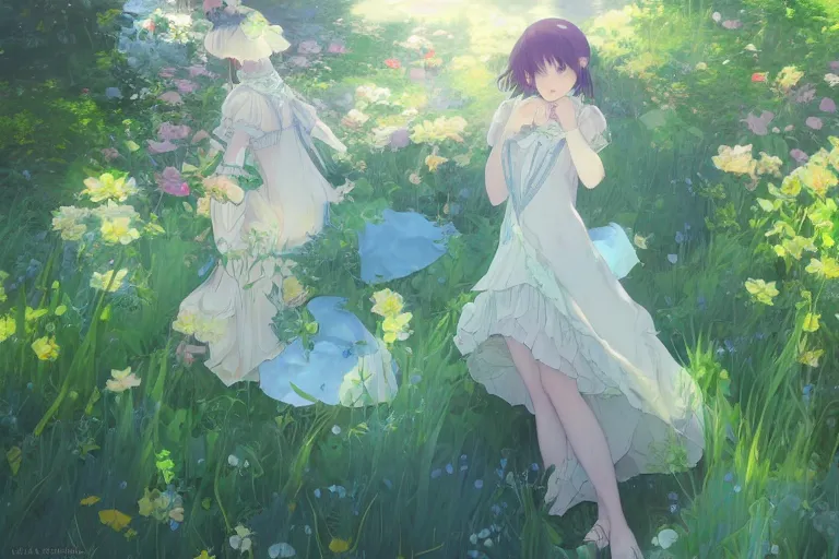 Image similar to a depressed digital art, loli in dress, garden, green and warm theme, blue accents, back lighting, highly detailed, 4 k resolution, trending on art station, by krenz cushart and mucha and akihito yoshida and greg rutkowski and makoto shinkai