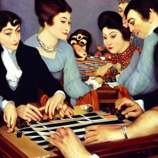 Image similar to A beautiful photograph of a group of monkeys playing backgammon. The monkeys are seated around a table, with some of them appearing to be deep in concentration while others appear to be playing more casually. Pride Prejudice, overhead view by Paul Gustave Fischer graceful