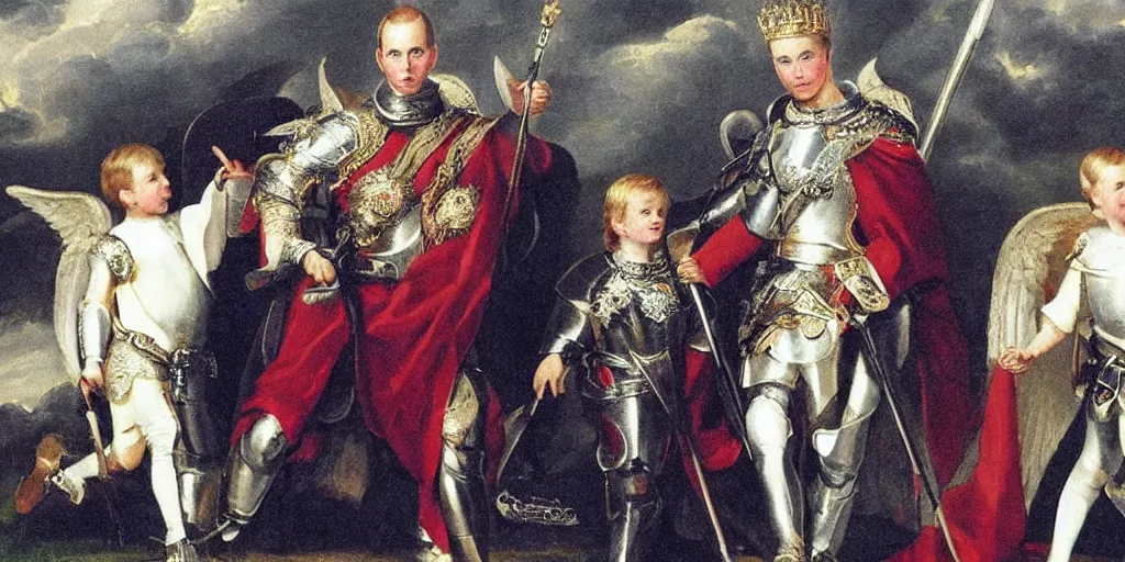 Image similar to photo of prince william, duke of cambridge wearing knight's armor with heavenly angels surrounding him