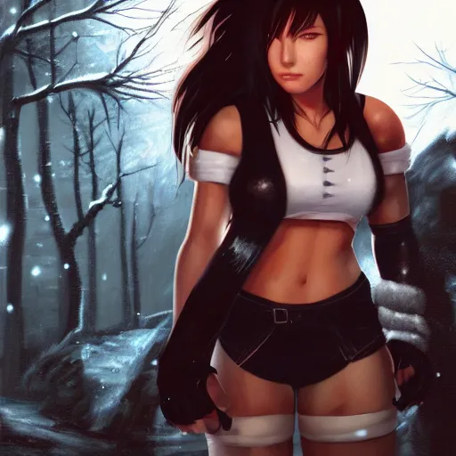 Image similar to A comic book style portrait painting of a Tifa Lockheart in a winter landscape, unreal 5, DAZ, hyperrealistic, octane render, RPG portrait, ambient light, dynamic lighting