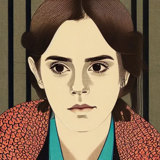 Image similar to “ emma watson portrait by ikenaga yasunari and ayana otake and ko rakusui, 6 0 s poster, drawing, realistic, sharp focus, japanese, dreamy, nostalgia, faded, golden hues, floral clothes ”