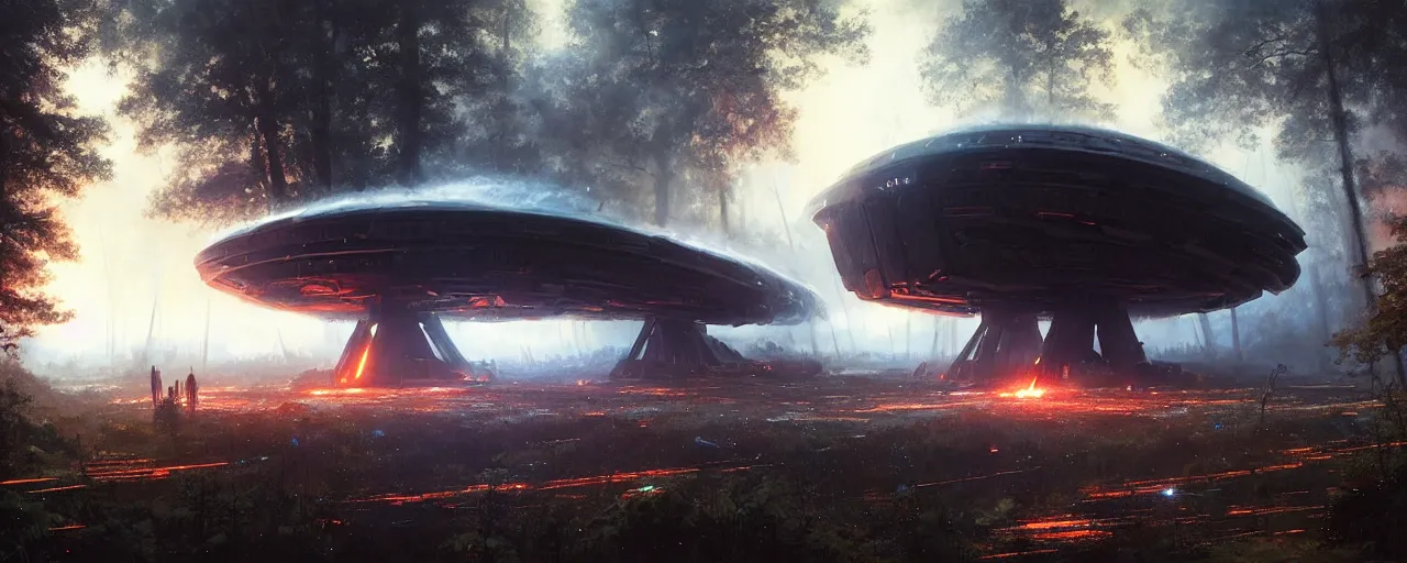 Image similar to a giant megastructure spaceship wrecked and lost in the forest, a small fire in the distance, powerful laser light and large sound system on the left, detailed digital art by greg rutkowski.