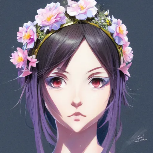 Prompt: portrait of anime pixie character with flower crown hair, manga cover, highly detailed, digital painting, artstation, concept art, sharp focus, illustration, strong brush stroke, anime, art by greg rutkowski, ilya kuvshinov, sharp focus, ghibli studio, art by ilya kuvshinov, rossdraws