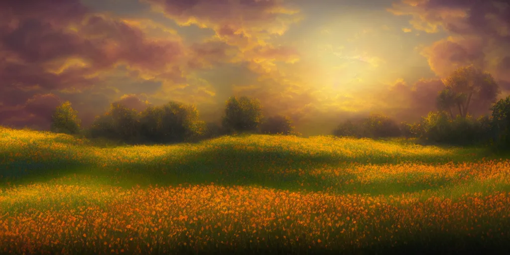 Prompt: landscape, flowers field. golden hour. pastel colors. matte painting, 4k