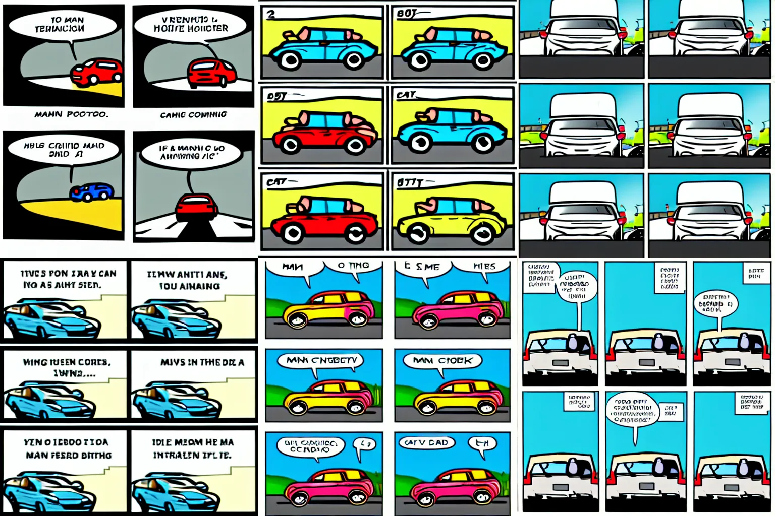 Prompt: 4 panel comic of a man driving down the highway in a car