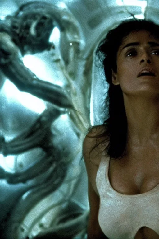 Prompt: film still of salma hayek in the movie Alien, xenomorph mounted on her, cinematic shot, scary, fear emotions, ambient lighting 4k.