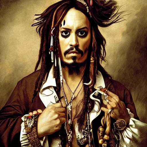 Prompt: Detailed maximalist portrait, exasperated expression, jack sparrow, highly detailed and intricate, surreal illustration in the style of Caravaggio, dark art, baroque,