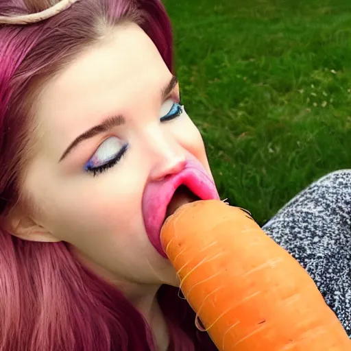 Prompt: fully clothed Belle Delphine licking a carrot