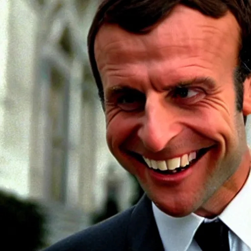 Prompt: Emmanuel Macron laughing in American Psycho (1999)