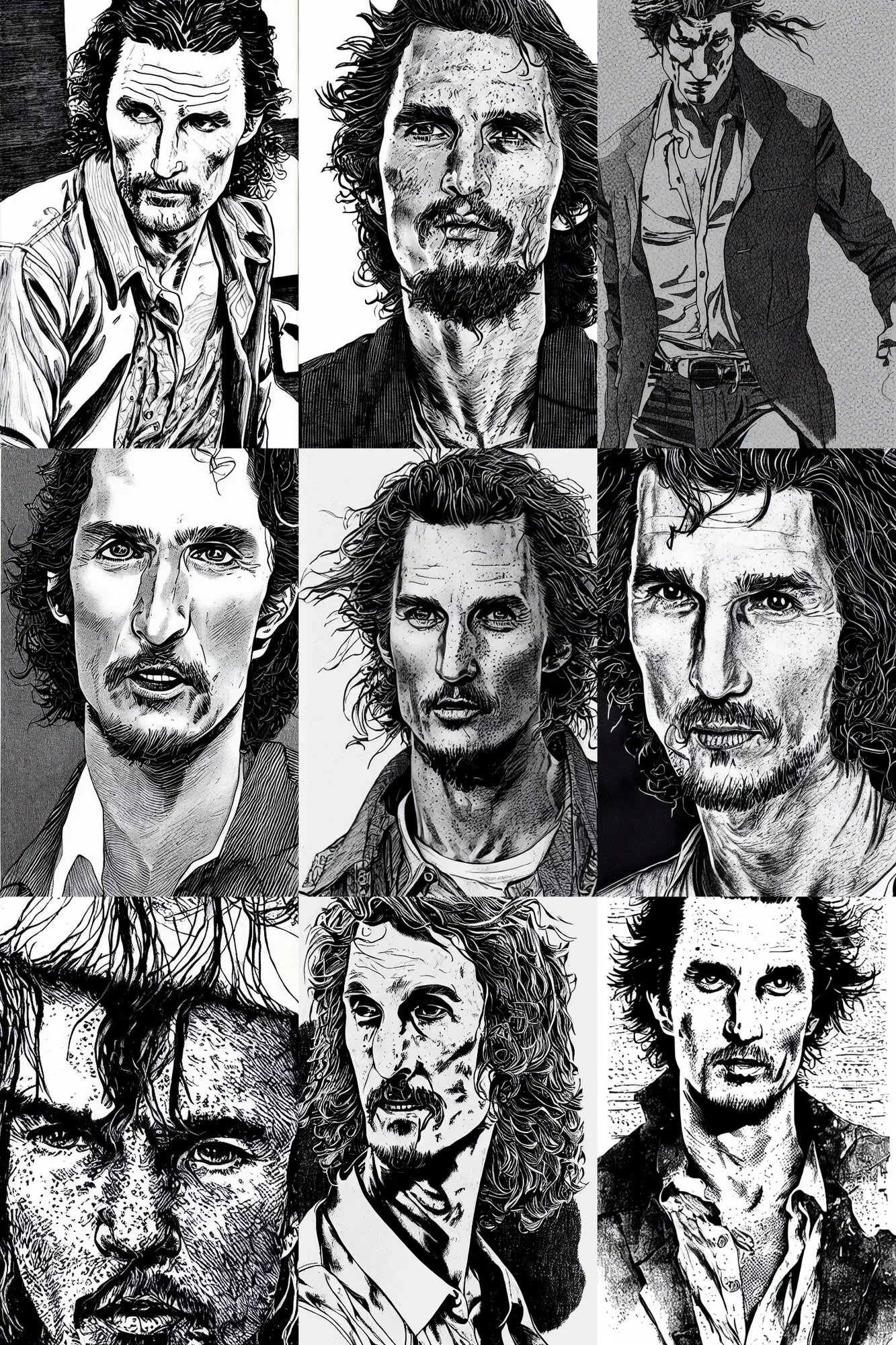 Prompt: detailed matthew mcconaughey in vagabond manga by takehiko inoue, black ink