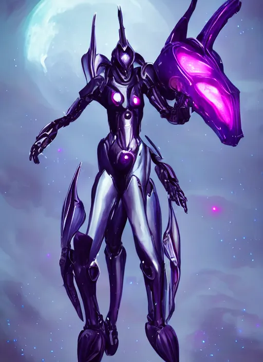 Image similar to cinematic shot, bust, cosmic sized perfectly proportioned stunning hot female warframe, robot mecha female dragon head, silver armor, fuschia leds, floating in empty space, nebula sized, holding a galaxy, epic proportions, epic size, epic scale, furry art, dragon art, giantess art, warframe fanart, furaffinity, deviantart