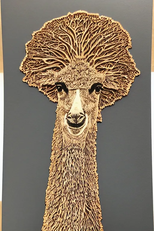 Prompt: fract wood burning lichtenberg figure llama portrait