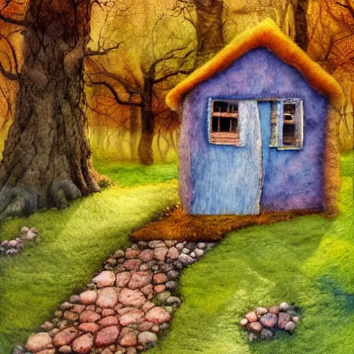 Image similar to small wooden house in the middle of spring forest, bright colours, watercolor, volumetric wool felting, macro photography, children illustration, by michael hutter