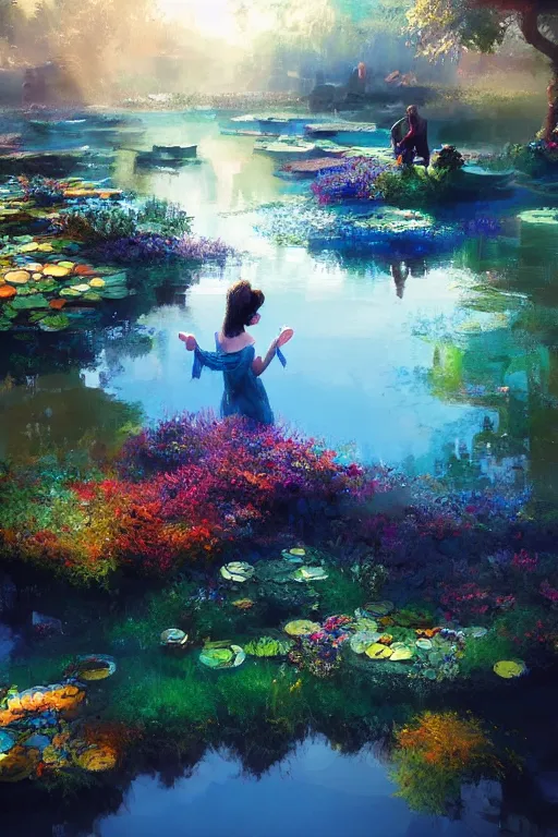 Image similar to nenufar in a pond, colorful, blue backgroung,clean, joyful, intricate, elegant, volumetric lighting, scenery, digital painting, highly detailed, artstation, sharp focus, illustration, concept art, ruan jia, steve mccurry