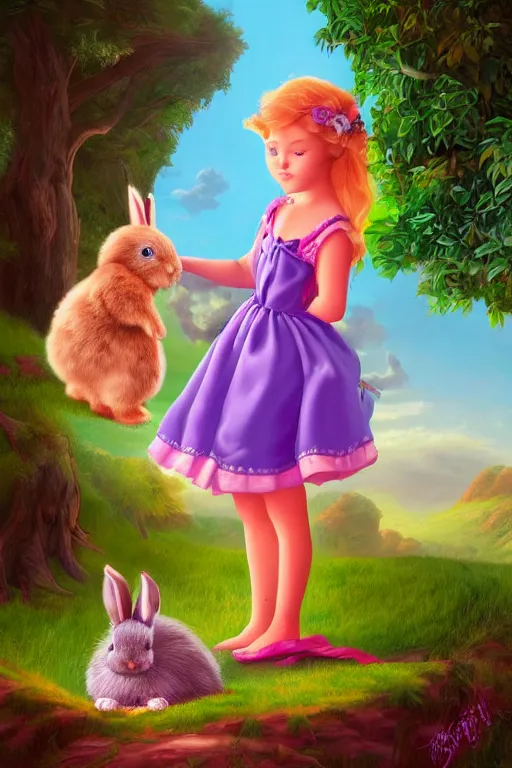 Image similar to matte sharp painting cute little girl and rabbit landscape painted by mark rydel artstation behance storybook lisa frank