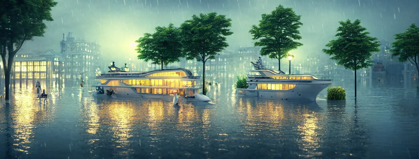 Image similar to cruising ship sailing at raining night at flooded miniature city, sun is on the rise on the town, cute style garden, octane render, trees, evergreen, patio, garden, wet atmosphere, tender, soft light misty yoshitaka amano, and artgerm