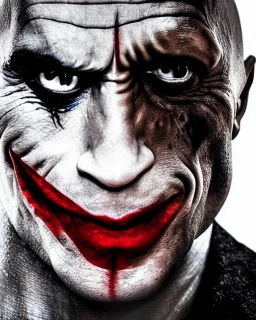 Image similar to Film still close-up shot of Dwayne The Rock Johnson as The Joker from the movie The Dark Knight. Cinematic, Photographic, photography