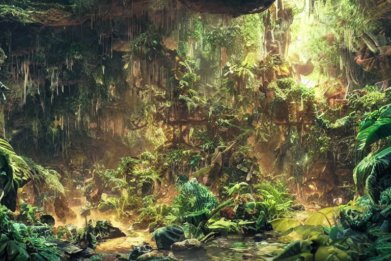 Image similar to the most amazing dream you ever had about subterranean jungle, hyper realistic, ambient lighting, concept art, intricate, hyper detailed, smooth, dynamic volumetric lighting, octane, cinematic