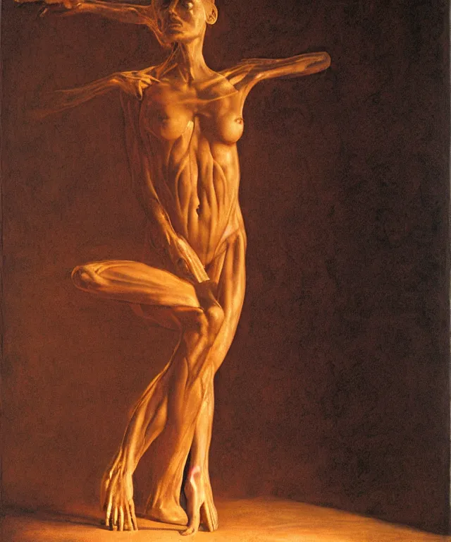 Prompt: Beautiful full-body wax sculpture of a glowing transparent woman with visible golden bones inside room without doors and windows in the singularity where stars becoming baroque folds of dark matter by Michelangelo da Caravaggio, Nicola Samori, William Blake, Alex Grey and Beksinski, dramatic volumetric lighting, highly detailed oil painting, 8k, masterpiece