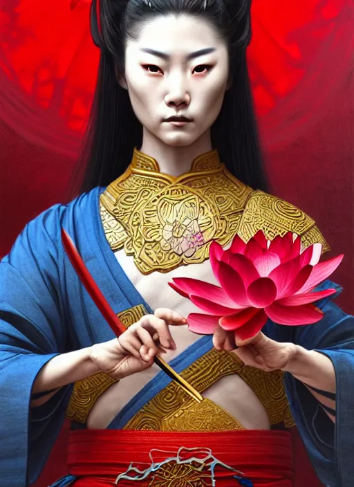 Image similar to ultra realistic illustration of a wrathful samurai warrior woman dressed in red holding a lotus flower, killing street thugs dressed in blue garb, cinematic scene, intricate, elegant, highly detailed, lotus flower, digital painting, artstation, concept art, smooth, sharp focus, illustration, art by artgerm and greg rutkowski and alphonse mucha and wlop