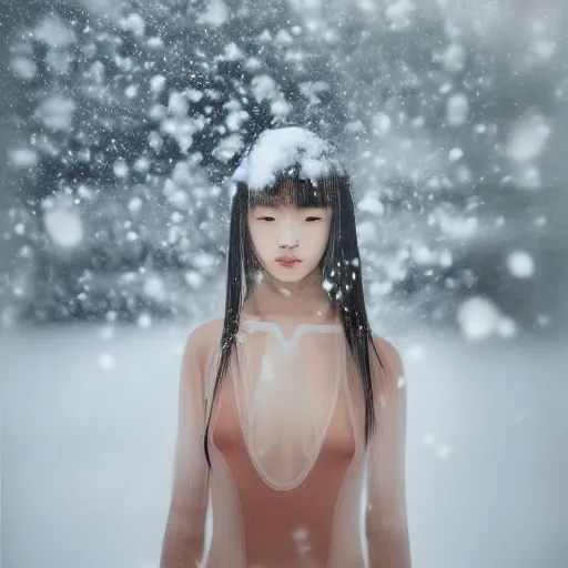 Prompt: perfect symmetrical face, a instax photo of fuji mountain, a tall japanese girl in a transparent sheer fabric dress against the background of fuji mountain, severe snow, full body shot, perfect symmetrical body, coherent symmetrical eyes, by peter kemp, by monia merlo, hyperrealistic, hyperdetailed, octane render, 8 k