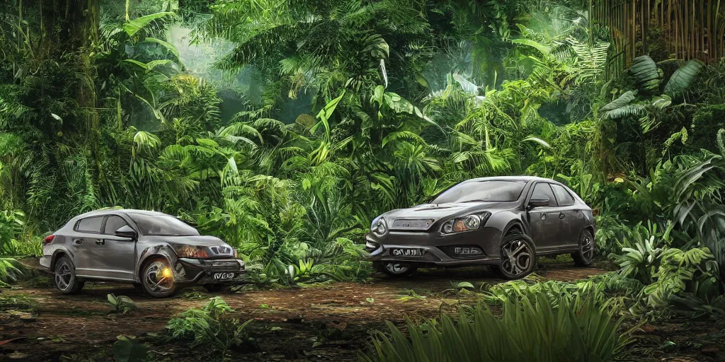 Image similar to Amazonian jungle with tropical plants and leaves falling from tree and a Cupra car placed in the center of the frame , unreal 5, hyperrealistic, realistic, photorealistic, dynamic lighting, highly detailed, cinematic landscape, studio landscape, studio lighting