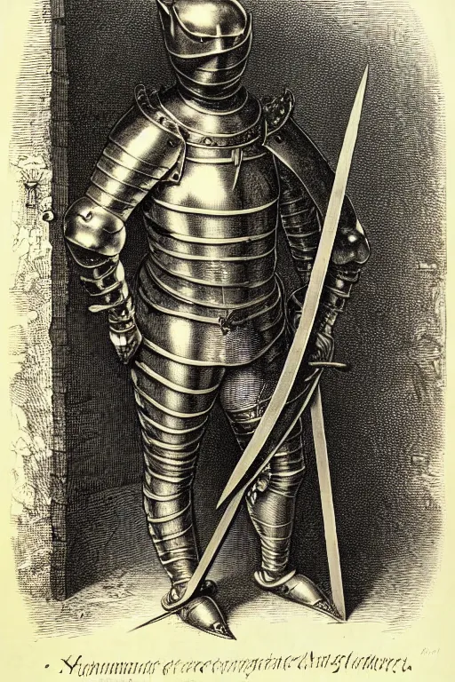 Image similar to engraving portrait of humanoid cat in medieval armoury by gustave dore