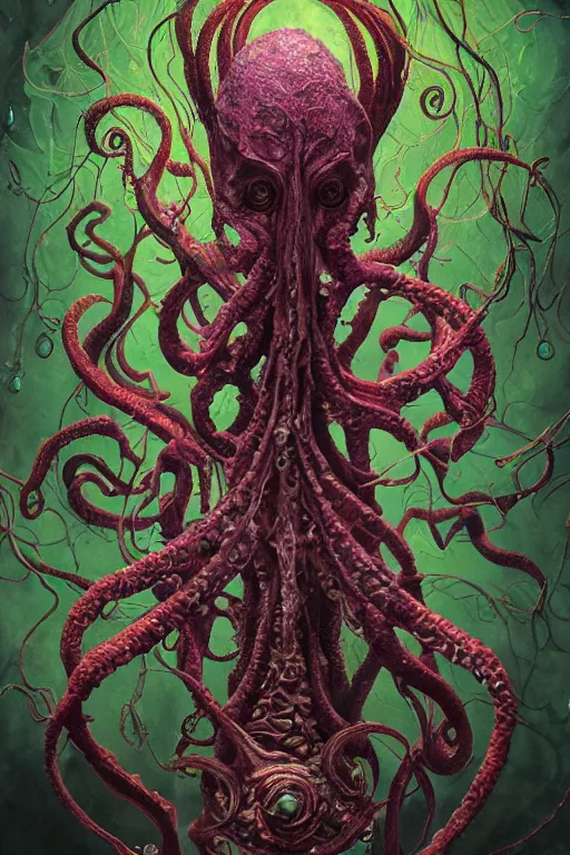 Image similar to psychedelic organic cthulhu mindflayer, gems jewels, diffuse lighting, very very intricate, very very elegant, highly detailed, lifelike, photorealistic, digital painting, artstation, illustration, concept art, smooth, HR GIGER , Hieronymous Bosch, Francis Bacon sharp focus, art by Greg Rutkowski and John Collier and Albert Aublet and Krenz Cushart and Artem Demura and Alphonse Mucha