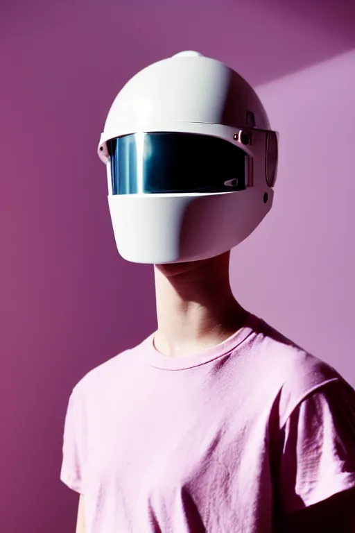 Prompt: a high definition film photograph of a normal androgynous robot human wearing a plain white t - shirt, in a pastel pink room. happy. visor covering eyes. reflective chrome coloured helmet. crushed shadows.