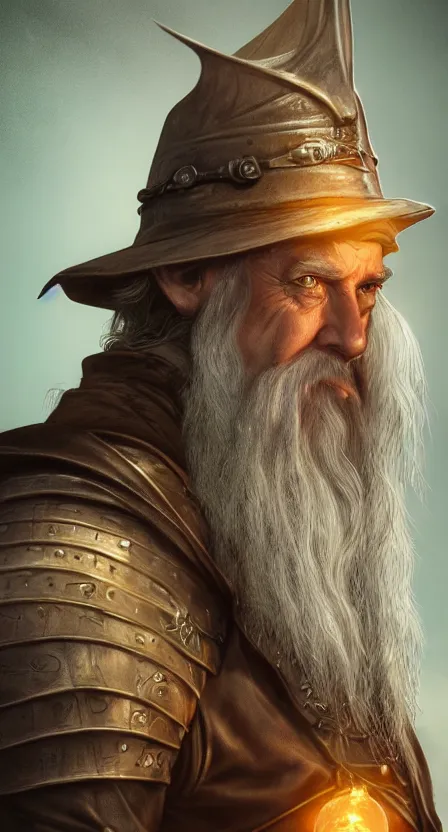 Image similar to steampunk gandalf ultra detailed fantasy, elden ring, realistic, dnd character portrait, full body, dnd, rpg, lotr game design fanart by concept art, behance hd, artstation, deviantart, global illumination radiating a glowing aura global illumination ray tracing hdr render in unreal engine 5