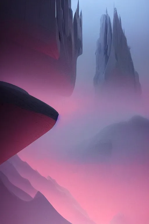 Image similar to futuristic atmosphere in the snowy mountains dolomites 3 d concept art, cinematic lighting, pastel pink sunset, rule of thirds, depth of field, intricate details, building by zaha hadid, stormy weather, emissary space by arthur haas and bruce pennington and john schoenherr, cinematic matte painting, dark moody monochrome colors, trending on artstation, featured on behance