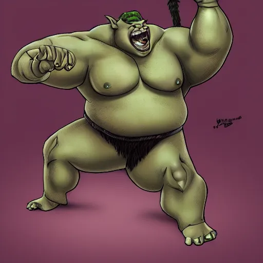 Prompt: fat orc with green skin flexing, loincloth, muscular arms, thick muscular legs, black faux hawk, beard, pointy ears, chest hair, 4K, in the style of Masanori Warugai