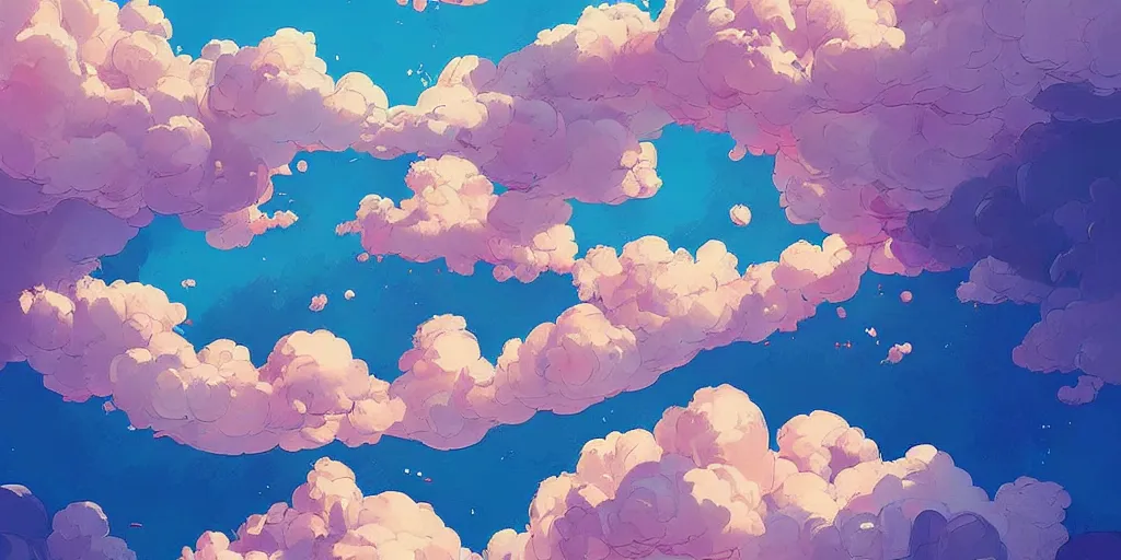 Prompt: fluffy clouds in the sky, digital art, blue sky, vivid colors, artgerm, james gilleard, beautiful, highly detailed, intricate, trending on art station