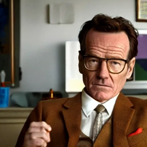Prompt: still of Bryan Cranston in a Wes Anderson film