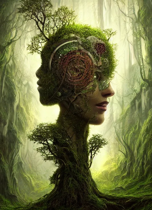 Image similar to Portrait of an Ancient Robot with a tree growing out of her head, patches of moss, translucent leaves, extremly detailed digital painting, in the style of Tomasz Alen Kopera and Fenghua Zhong and Peter Mohrbacher, mystical colors, rim light, beautiful lighting, 8k, stunning scene, raytracing, octane, trending on artstation