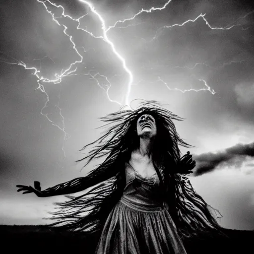 Prompt: wild woman dancing in an epic storm with lightning, fire, creepy shadows, Tim Burton, black and white photograph, 40mm, hyper detailed, 8k, clear