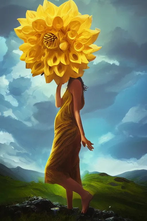Image similar to closeup girl with huge yellow dahlia flower face, standing on mountain, surreal photography, blue storm clouds, dramatic light, impressionist painting, digital painting, artstation, simon stalenhag