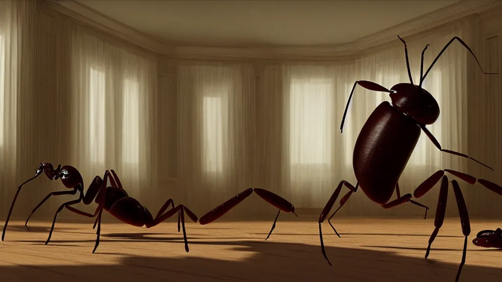 Image similar to the giant ant in the living room, film still from the movie directed by Denis Villeneuve with art direction by Salvador Dalí, wide lens