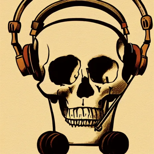 Image similar to skull with headphones and 3 roses, illustration, artwork by Mike Mignola