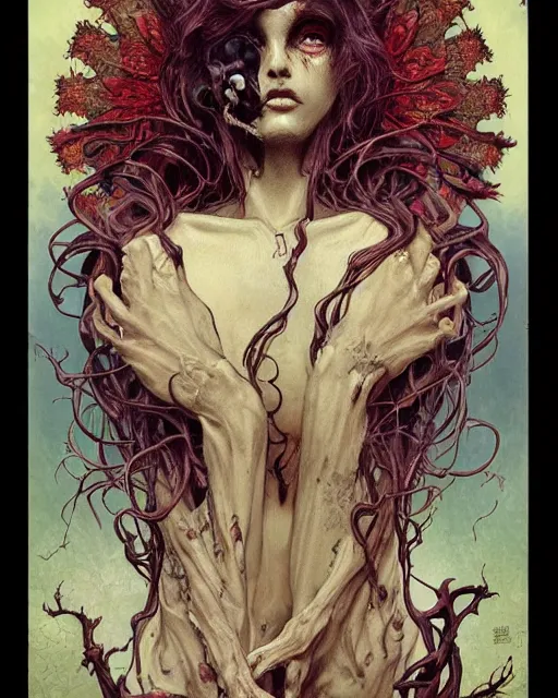 Image similar to perfectly centered portrait front view of a angry dead rotten beautiful female corpse growing ornamentation all around, ornate, ornaments, detailed, symmetrical, elegant, beautifully soft lit, by wayne barlowe, peter mohrbacher, kelly mckernan, alphonse mucha