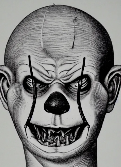 Image similar to vintage medical anatomical illustration of pennywise ( 1 9 9 0 ) head, highly detailed, labels, intricate writing