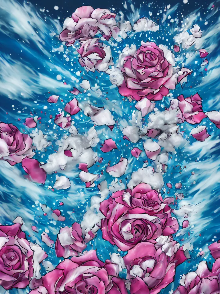 Image similar to hadoken force ball of white and pink roses, flowers exploding and splattering, blue sky, big puffy clouds, spraypaint, wildstyle, totem 2, exploding roses, hodouken, large rose petals, lotus petals, large triangular shapes, studio ghibli anime, radiant lighting, artgerm, manga, trending on artstation, art nouveau, mature colors