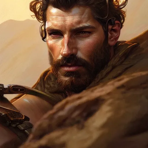 Image similar to Portrait of rugged male ranger, D&D, muscular, fantasy, intricate, elegant, highly detailed, digital painting, artstation, concept art, smooth, sharp focus, illustration, art by artgerm and greg rutkowski and alphonse mucha