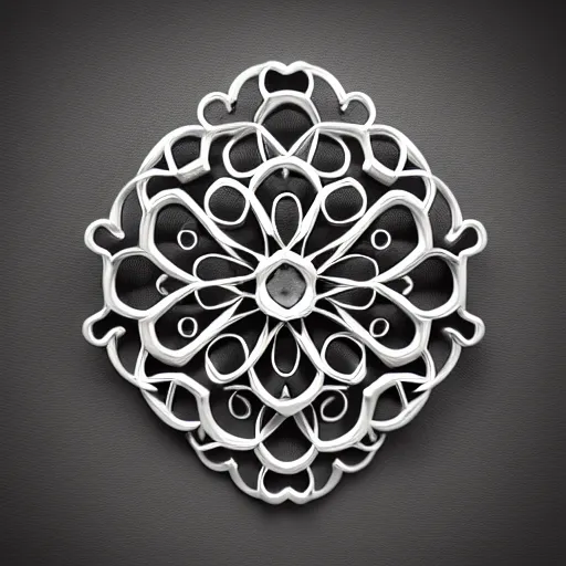 Image similar to filigree nordic jewelry isolated on white background and a flower in the background, refraction, occlusion, lower and upper levels, keyshot render, octane render, vray render