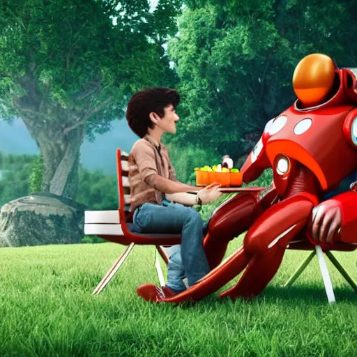 Prompt: a hyperrealistic octane render of max from flight of the navigator and hal 9 0 0 0 having a picnic, unreal engine, 8 k, ultrarealistic, photorealism