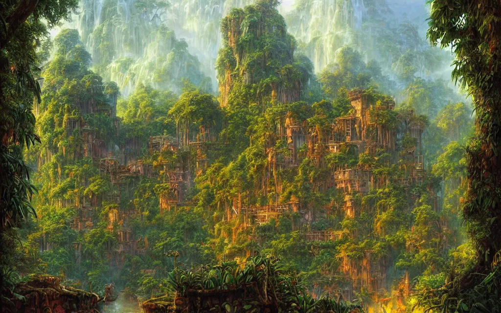 Prompt: A beautiful matte painting of a jungle fantasy inn Michael Whelan, Clyde Caldwell,Brothers Hildebrandt, thomas kincade, trending on artstation
