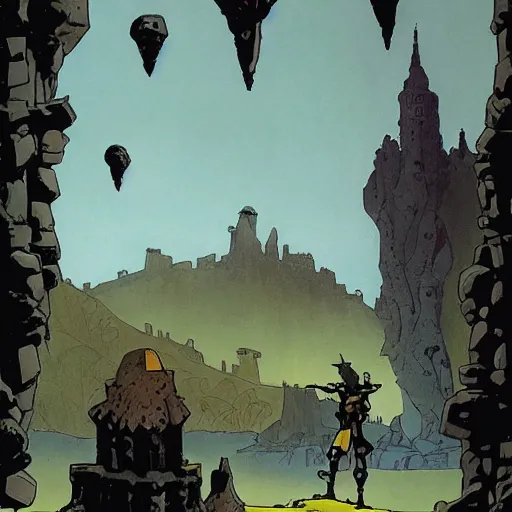 Prompt: beautiful landscape of fantasy scifi with a knight looking at the castle, surrealism and comic book artstyle by mike mignola