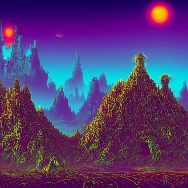 Image similar to mysterious skull castles in infinite circuit board valley, synthwave, fractal waves, bright neon colors, highly detailed, cinematic, tim white, roger dean, michael whelan, caza, bob eggleton, philippe druillet, vladimir kush, kubrick, alfred kelsner, vallejo